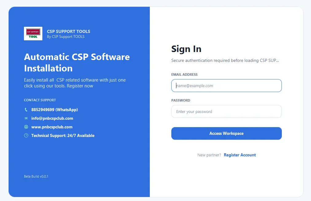 CSP Support Tools Sign In Screenshot