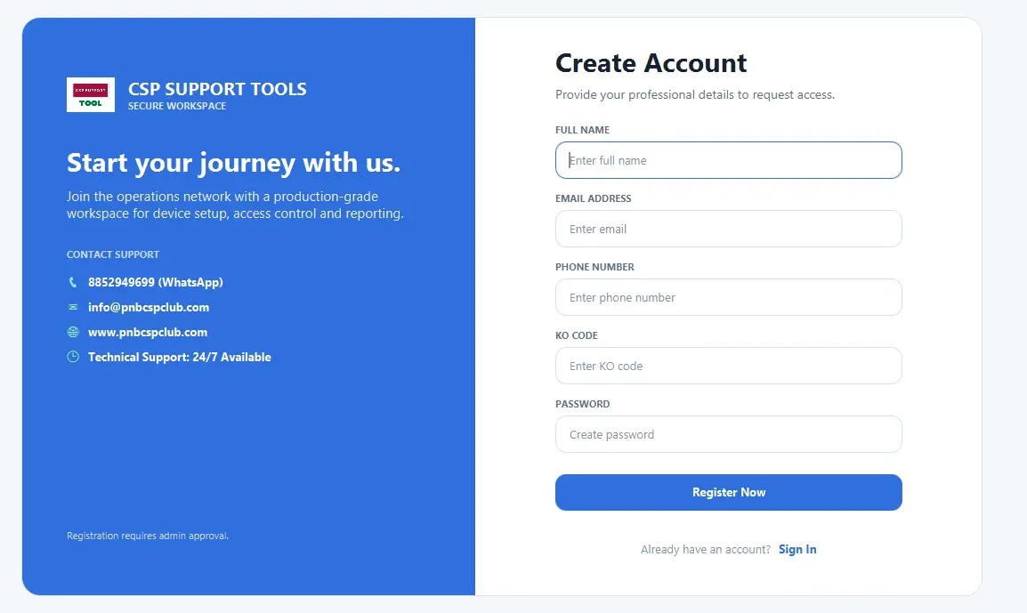 CSP Support Tools Register Screenshot